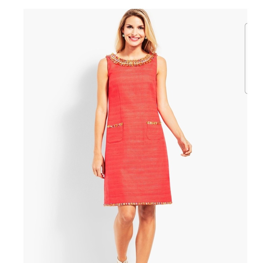 Talbots Womens Coral Orange Tweed Fringe Trim Sleeveless Shift Dress Size 8